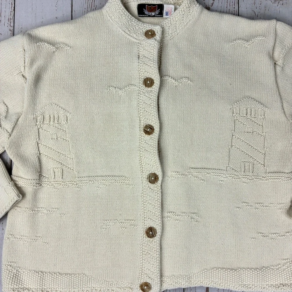 Brimwick Custom Knitwear Cream Cotton Lighthouse Nautical Cardigan Sweater XL